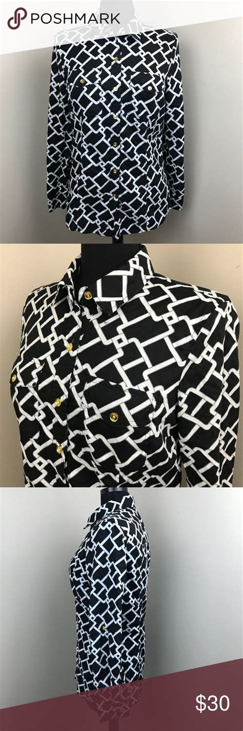 michael kors black and white blouse with gold bar|Michael Kors blouse sale.